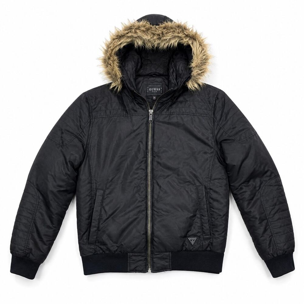 GUESS Mens M Black Faux Fur Hooded Puffer Bomber Jacket M44114AD103 Winter